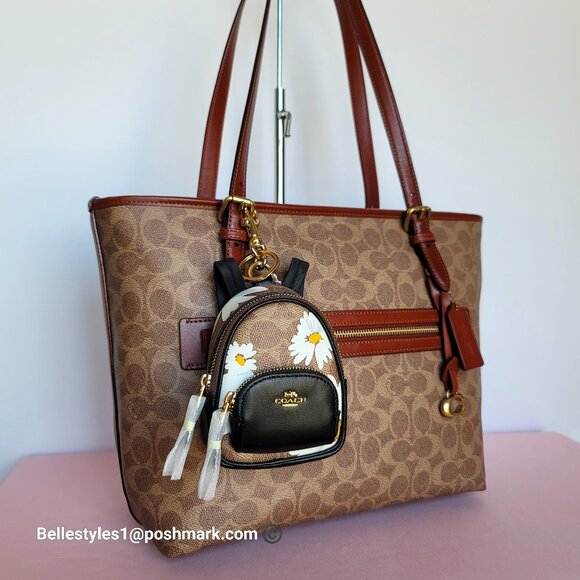 COACH Mini Court Backpack Bag Charm In Signature Canvas With Floral Print-Tan 🎈 - Picture 1 of 15